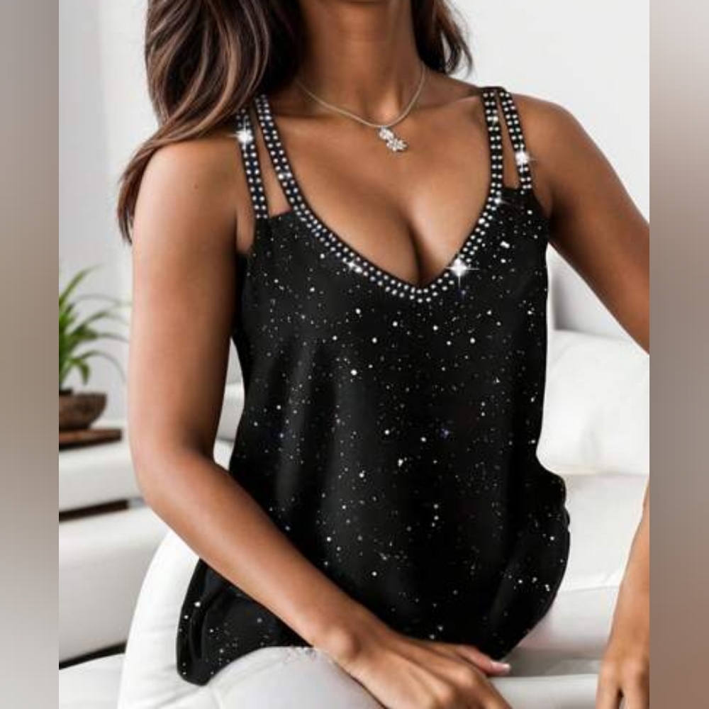 Rhinestone Solid Cami Top, V Neck Summer Sleeveless Tank Top